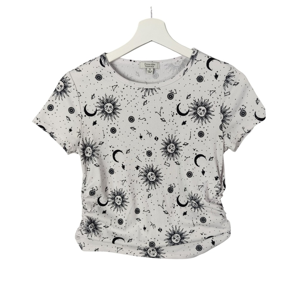 Orange Kiss Womens Whimsigoth Celestial Ruched Baby Tee Top S Sun Moon Stars